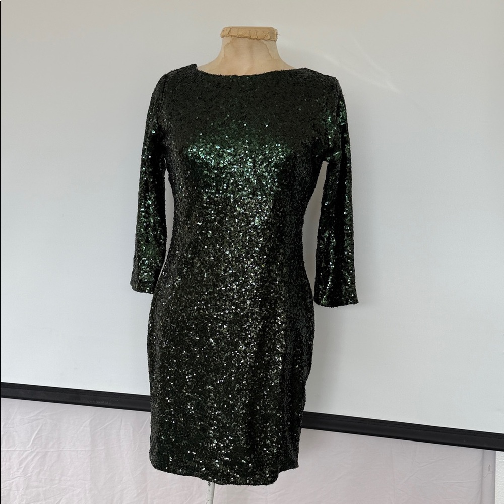 Gianni Bini Dark Green Sequin Long Sleeve Dress